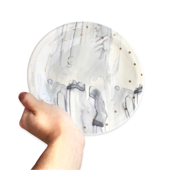 Anthropologie Night Sky Dessert Salad Plates Set of 4 Grey Watercolor Gold Stars - Picture 2 of 6